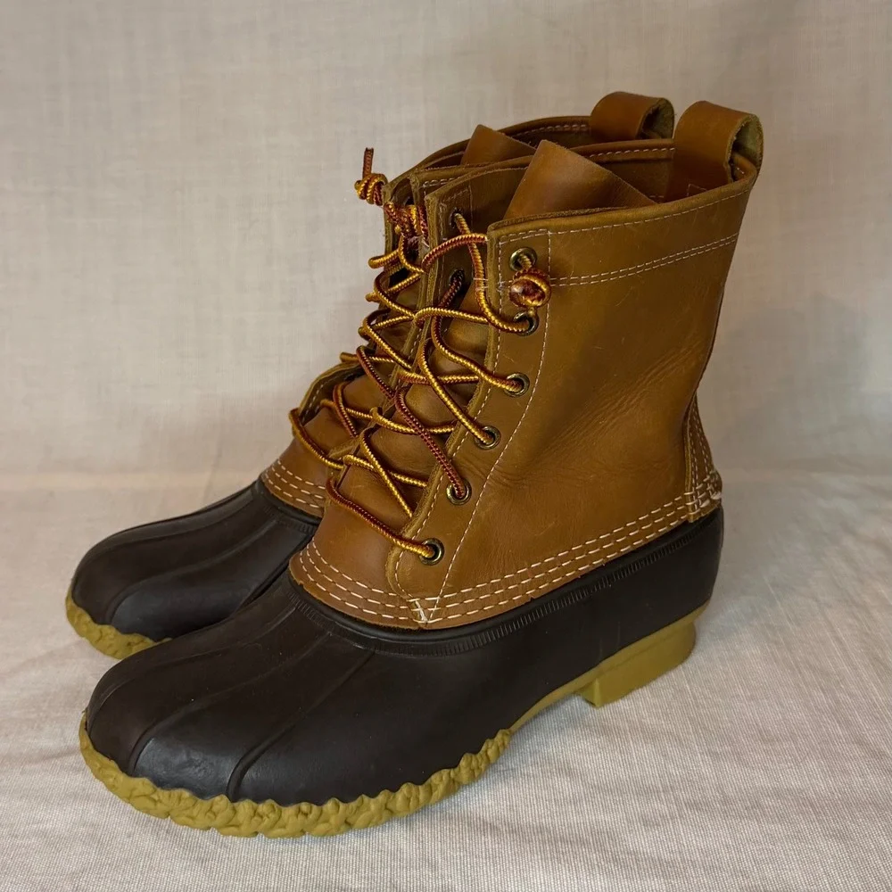 LL Bean Boots 8 Inch Duck Boots Brown Tan Leather Waterproof Mens 10 Made in USA